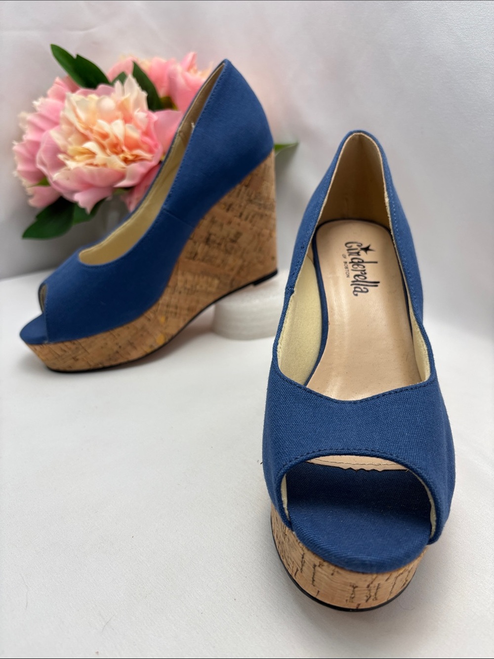 Cinderella Women’s 4.5W Ella Navy Blue‎ Peep-Toe Cork Wedges #398